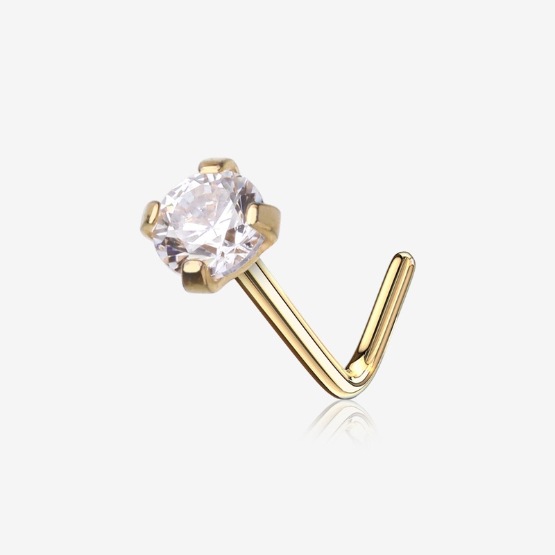 Pure24K Implant Grade Titanium Prong Set Gem Top L-Shaped Nose Ring 20 GA (0.8mm), 9/32″ (7mm), Gem: 2mm