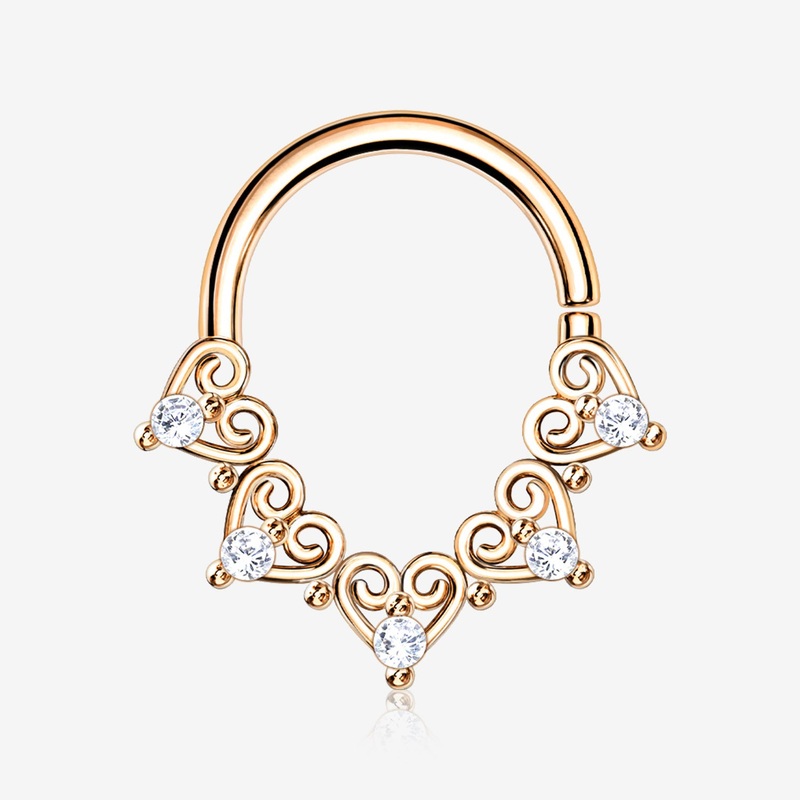 Rose Gold Royal Heart Filigree Sparkle Bendable Hoop Ring 18 GA (1mm), 5/16″ (8mm)