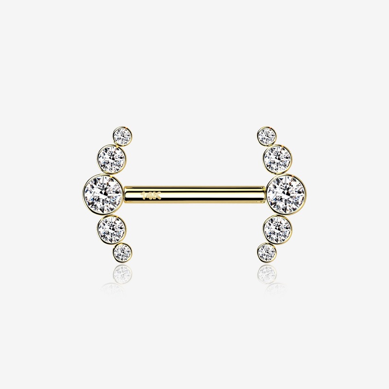 A Pair of 14 Karat Gold OneFit Threadless Sparkle Ray Multi-Gem Nipple Barbell 14 GA (1.6mm), 1/2″ (12mm)