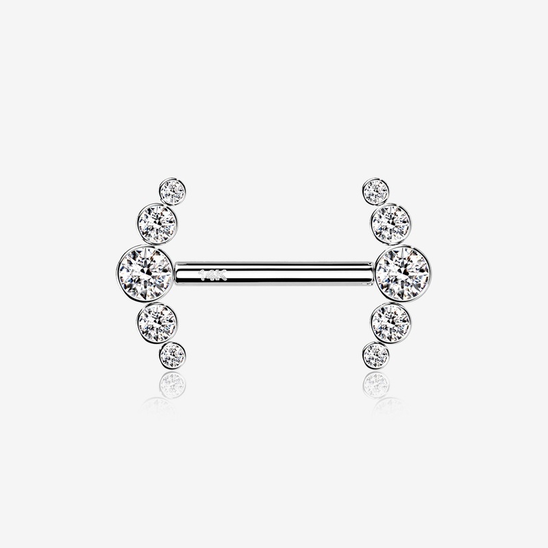 A Pair of 14 Karat White Gold OneFit Threadless Sparkle Ray Multi-Gem Nipple Barbell 14 GA (1.6mm), 5/8″ (16mm)