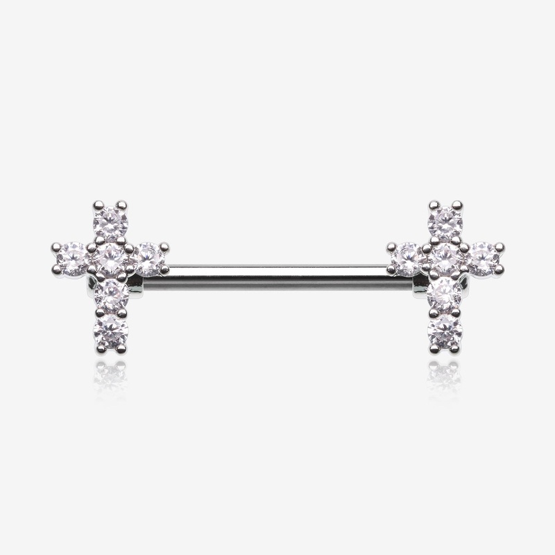 A Pair of Brilliant Sparkle Cross Multi-Gem Nipple Barbell 14 GA (1.6mm), 1/2″ (12mm)