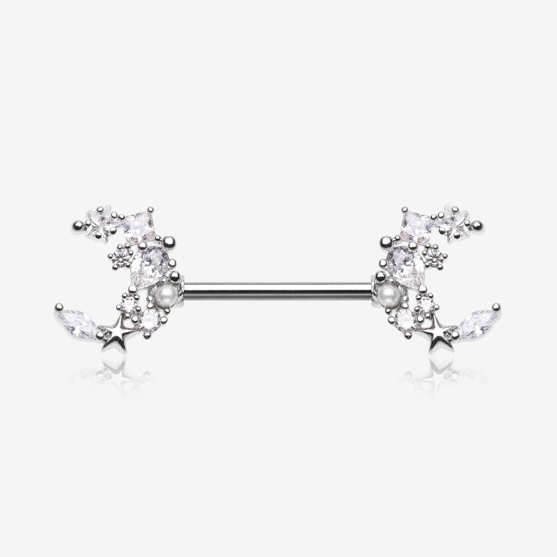 A Pair of Celestial Sparkle Crescent Moon Array Nipple Barbell 14 GA (1.6mm), 1/2″ (12mm)