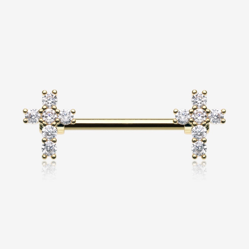 A Pair of Golden Brilliant Sparkle Cross Multi-Gem Nipple Barbell 14 GA (1.6mm), 1/2″ (12mm)