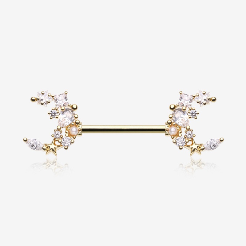 A Pair of Golden Celestial Sparkle Crescent Moon Array Nipple Barbell 14 GA (1.6mm), 1/2″ (12mm)