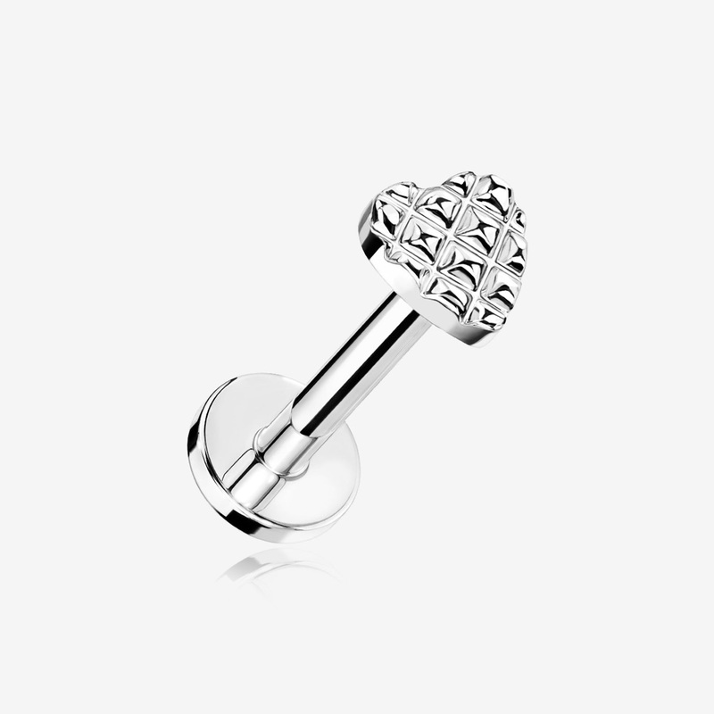 Adorable Heart Embossed Top Internally Threaded Steel Flat Back Stud Labret 16 GA (1.2mm), 1/4″ (6mm)
