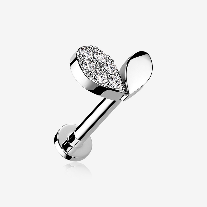Adorable Heart Sprout Sparkle Internally Threaded Steel Flat Back Stud Labret 16 GA (1.2mm), 1/4″ (6mm)