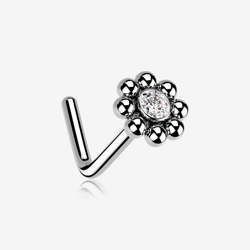 Bali Beads Flower Sparkle Steel L-Shaped Nose Ring 20 GA (0.8mm), 1/4″ (6mm)