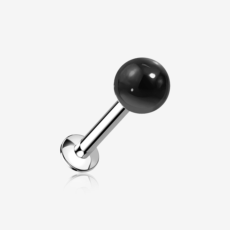 Black Agate Stone Ball Top Steel Flat Back Stud Labret 16 GA (1.2mm), 1/4″ (6mm), Ball: 4mm