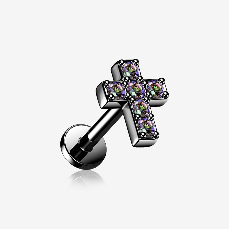 Blackline Grand Sparkle Cross Top Internally Threaded Steel Flat Back Stud Labret 16 GA (1.2mm), 1/4″ (6mm)