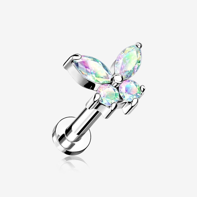 Butterfly Sparkle Prong Set Top Internally Threaded Steel Flat Back Stud Labret 16 GA (1.2mm), 1/4″ (6mm)