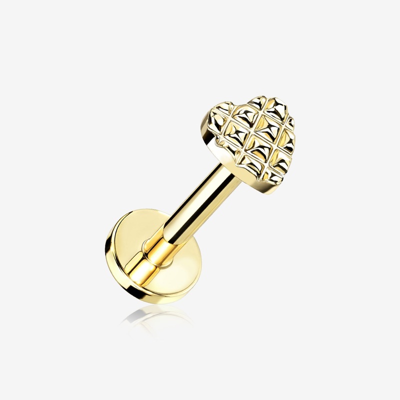Golden Adorable Heart Embossed Top Internally Threaded Steel Flat Back Stud Labret 16 GA (1.2mm), 1/4″ (6mm)