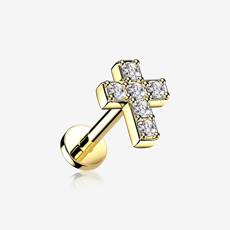 Golden Grand Sparkle Cross Top Internally Threaded Steel Flat Back Stud Labret 16 GA (1.2mm), 1/4″ (6mm)