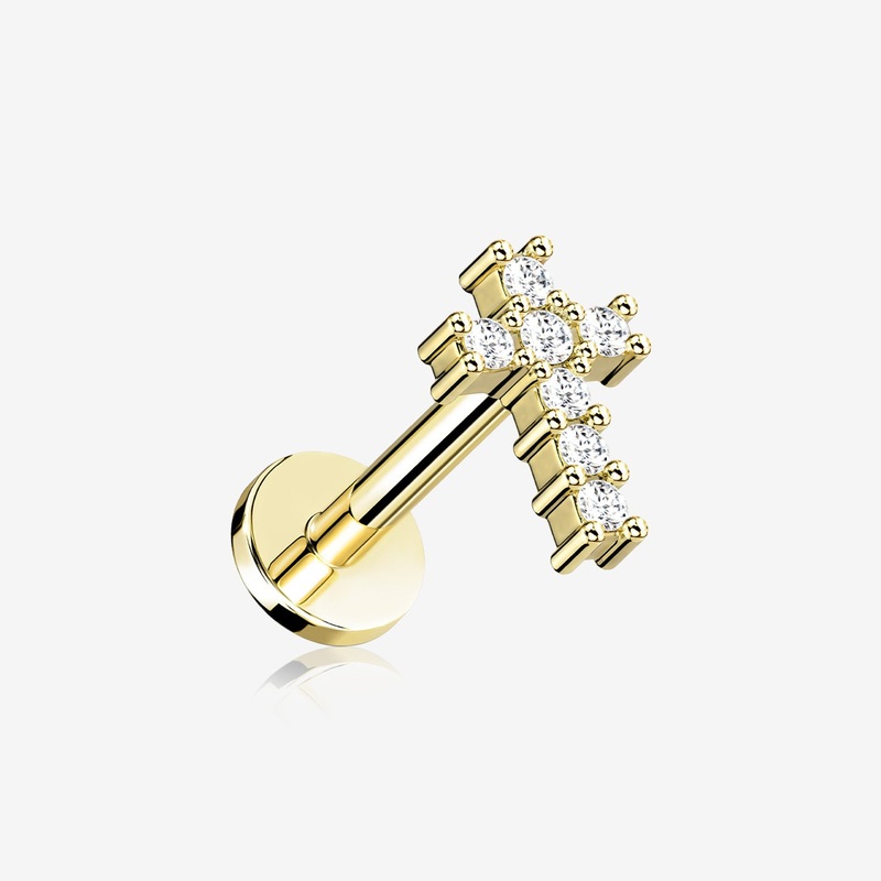 Golden Holy Cross Sparkle Top Internally Threaded Steel Flat Back Stud Labret 16 GA (1.2mm), 1/4″ (6mm)