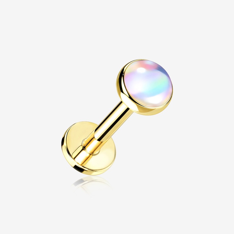 Golden Iridescent Revo Sparkle Top Internally Threaded Steel Flat Back Stud Labret 16 GA (1.2mm), 1/4″ (6mm), Top: 4mm