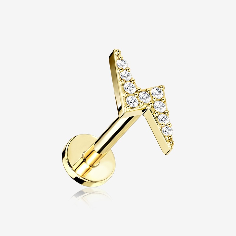 Golden Lightning Bolt Sparkle Top Internally Threaded Steel Flat Back Stud Labret 16 GA (1.2mm), 1/4″ (6mm)