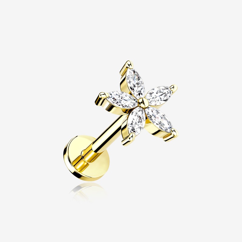 Golden Marquise Flower Sparkle Top Internally Threaded Steel Flat Back Stud Labret 16 GA (1.2mm), 1/4″ (6mm)