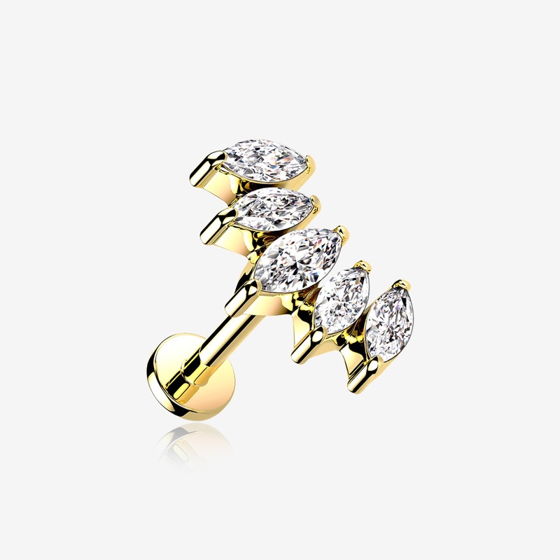 Golden Marquise Sparkle Curve Top Internally Threaded Steel Flat Back Stud Labret 16 GA (1.2mm), 1/4″ (6mm)