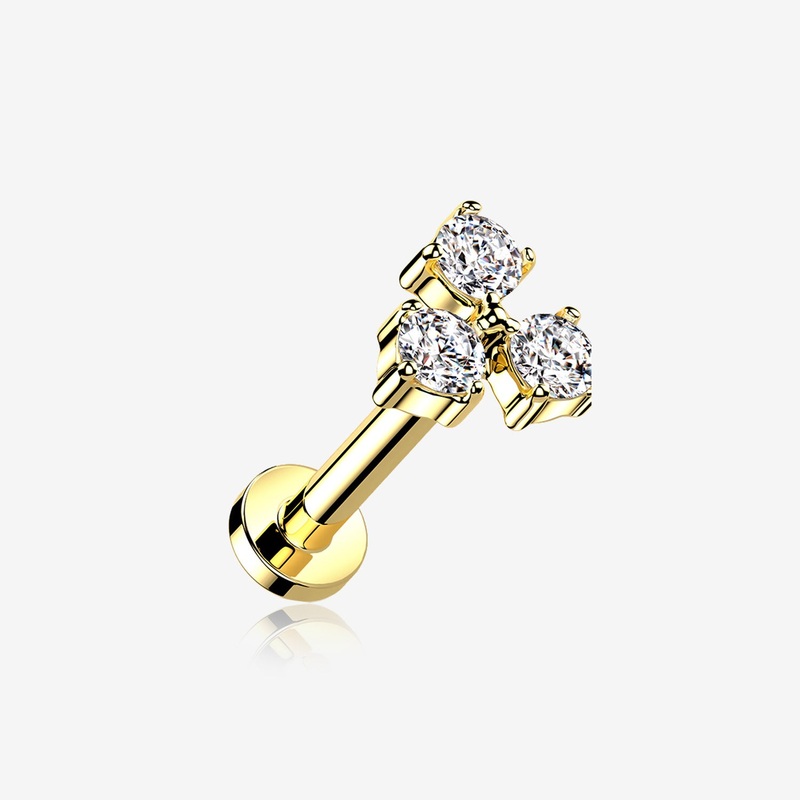 Golden Trinity Sparkle Prong Set Top Internally Threaded Steel Flat Back Stud Labret 16 GA (1.2mm), 1/4″ (6mm)