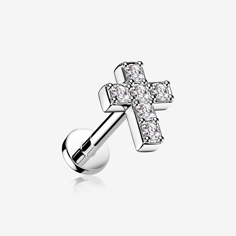 Grand Sparkle Cross Top Internally Threaded Steel Flat Back Stud Labret 16 GA (1.2mm), 1/4″ (6mm)