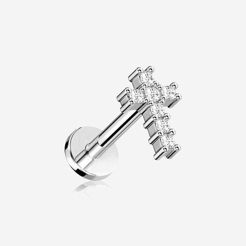 Holy Cross Sparkle Top Internally Threaded Steel Flat Back Stud Labret 16 GA (1.2mm), 1/4″ (6mm)