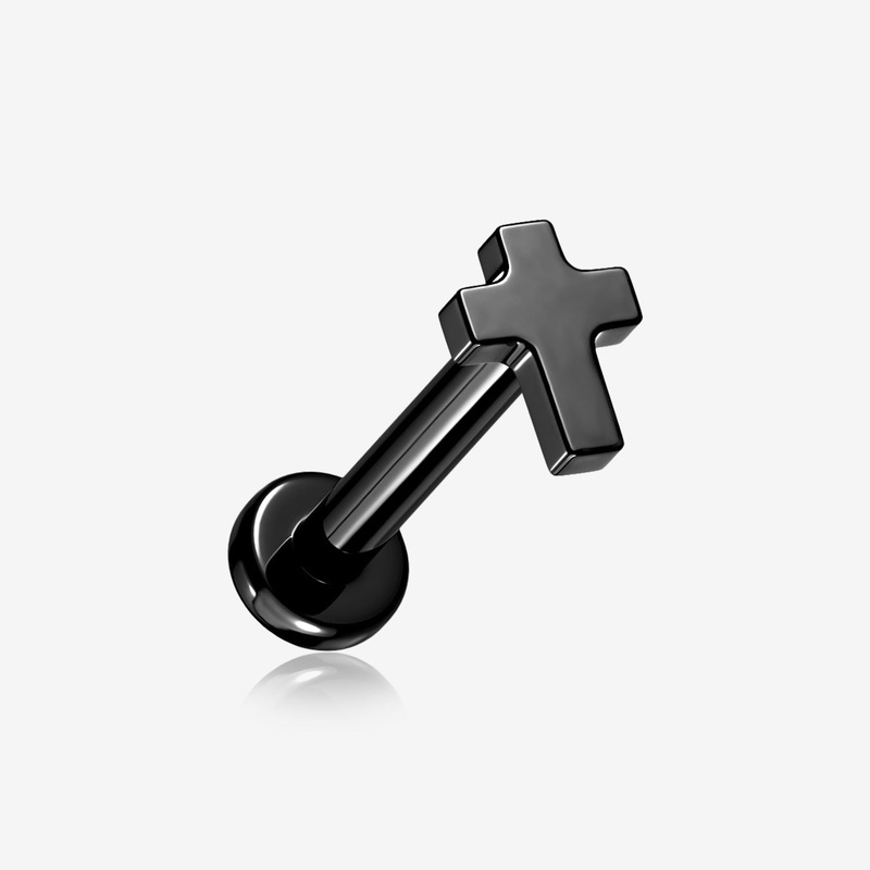 Implant Grade Titanium Blackline Cross Top Internally Threaded Flat Back Stud Labret 16 GA (1.2mm), 1/4″ (6mm)