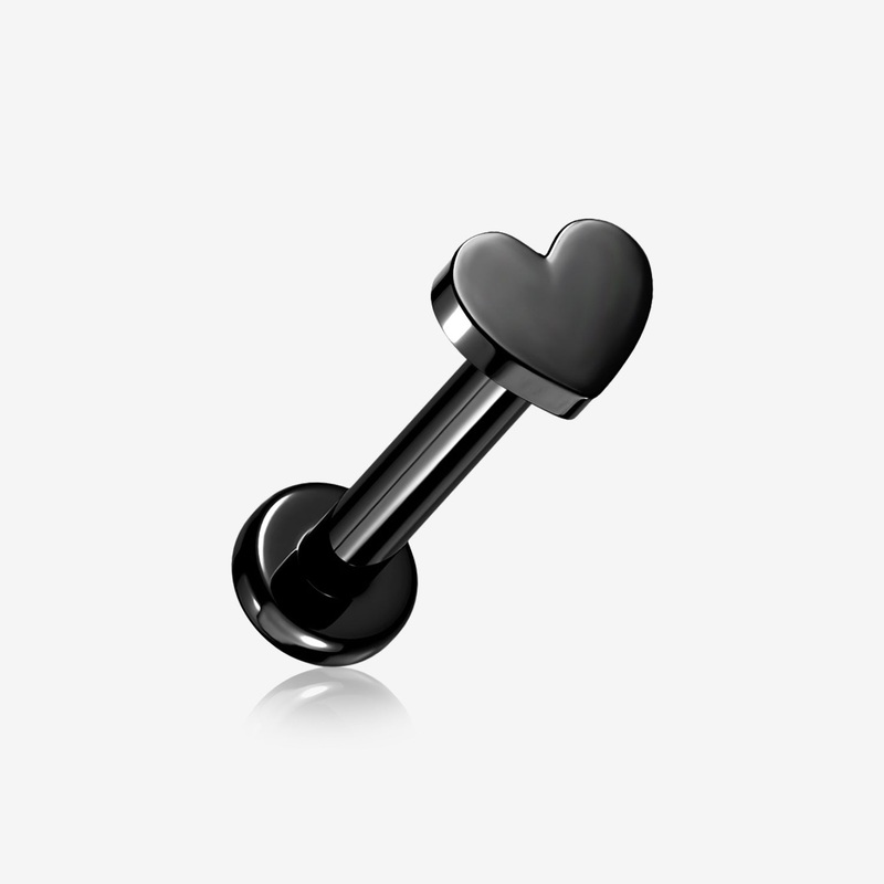 Implant Grade Titanium Blackline Heart Top Internally Threaded Flat Back Stud Labret 16 GA (1.2mm), 1/4″ (6mm)