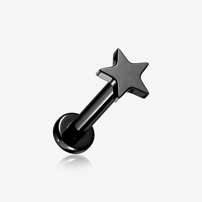 Implant Grade Titanium Blackline Star Top Internally Threaded Flat Back Stud Labret 16 GA (1.2mm), 1/4″ (6mm)