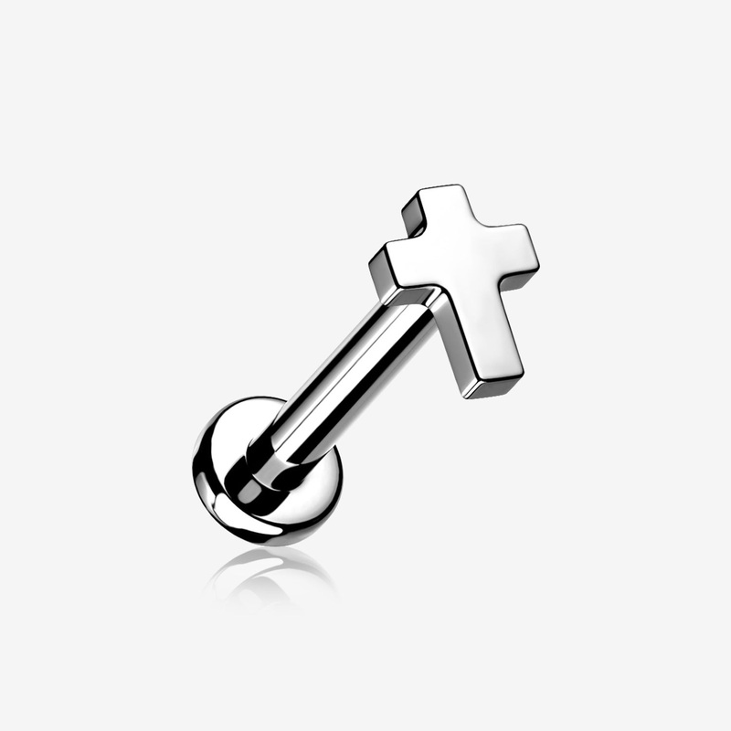 Implant Grade Titanium Cross Top Internally Threaded Flat Back Stud Labret 16 GA (1.2mm), 1/4″ (6mm)