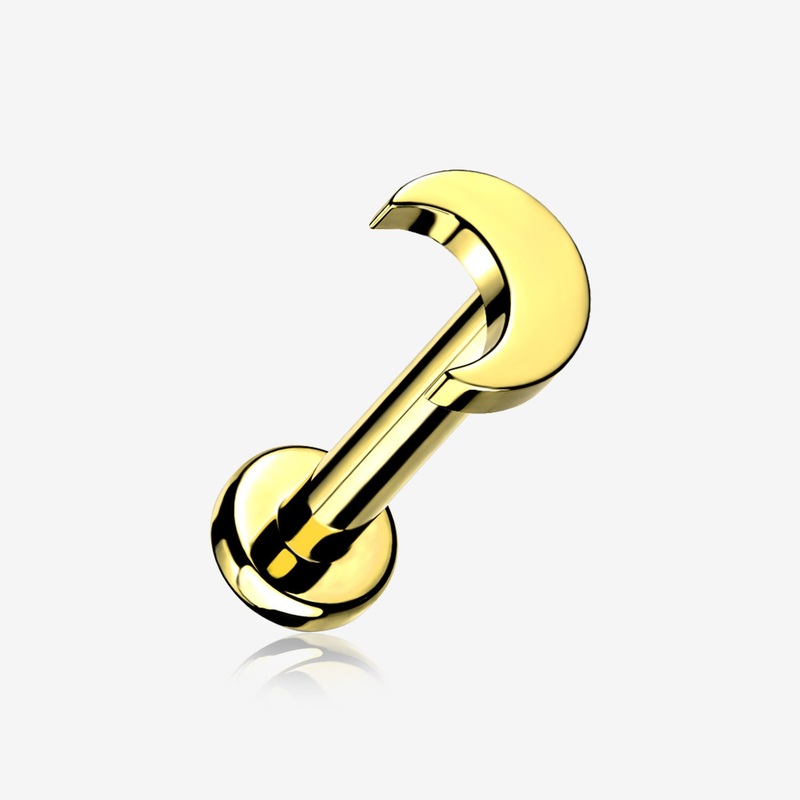 Implant Grade Titanium Golden Crescent Moon Top Internally Threaded Flat Back Stud Labret 16 GA (1.2mm), 1/4″ (6mm)