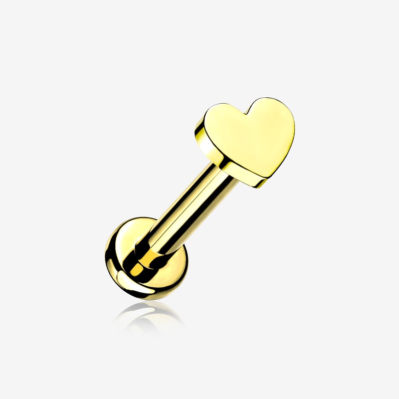 Implant Grade Titanium Golden Heart Top Internally Threaded Flat Back Stud Labret 16 GA (1.2mm), 1/4″ (6mm)