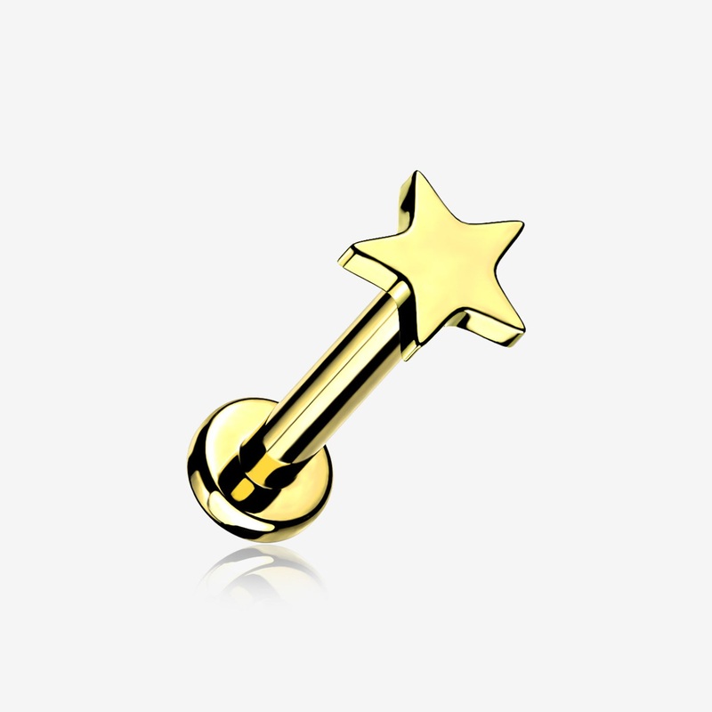 Implant Grade Titanium Golden Star Top Internally Threaded Flat Back Stud Labret 16 GA (1.2mm), 1/4″ (6mm)