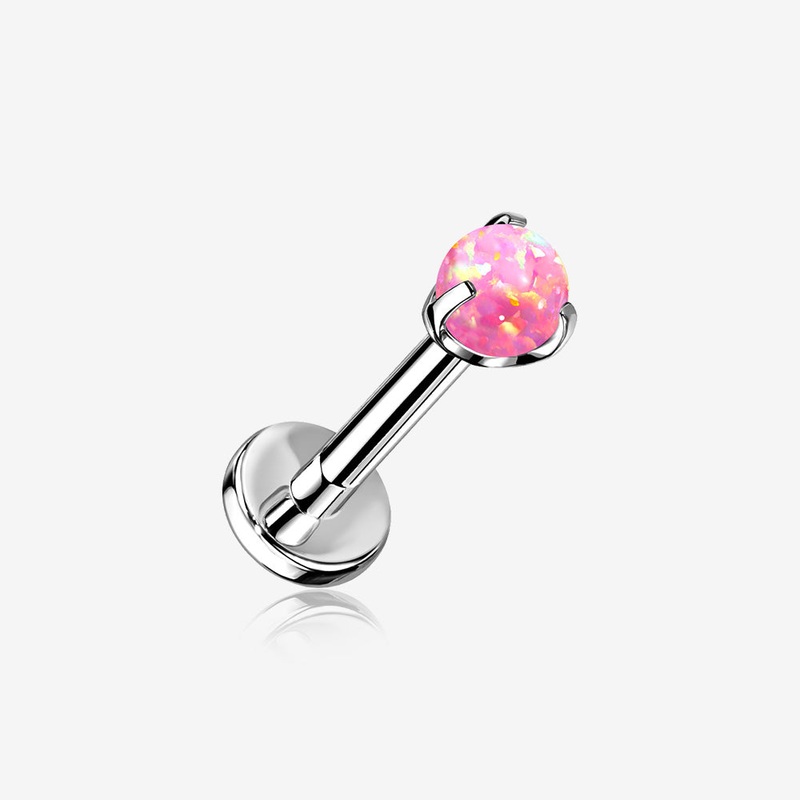 Implant Grade Titanium OneFit Threadless Fire Opal Ball Claw Prong Set Flat Back Stud Labret* Pink/Fuchsia 16 GA (1.2mm), 5/16″ (8mm), Gem: 3mm