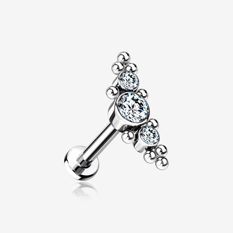 Implant Grade Titanium Sparkle Arc Bali Beads Top Internally Threaded Flat Back Stud Labret 16 GA (1.2mm), 1/4″ (6mm)