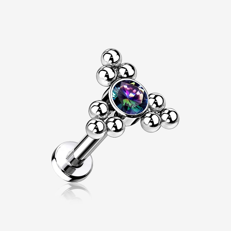Implant Grade Titanium Sparkle Trinity Bali Beads Top Internally Threaded Flat Back Stud Labret Rainbow/Multi-Color 16 GA (1.2mm), 5/16″ (8mm)