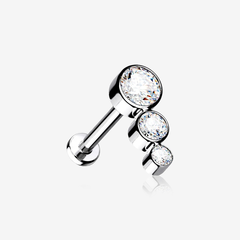 Implant Grade Titanium Triple Cascading Sparkle Top Internally Threaded Flat Back Stud Labret 16 GA (1.2mm), 1/4″ (6mm)