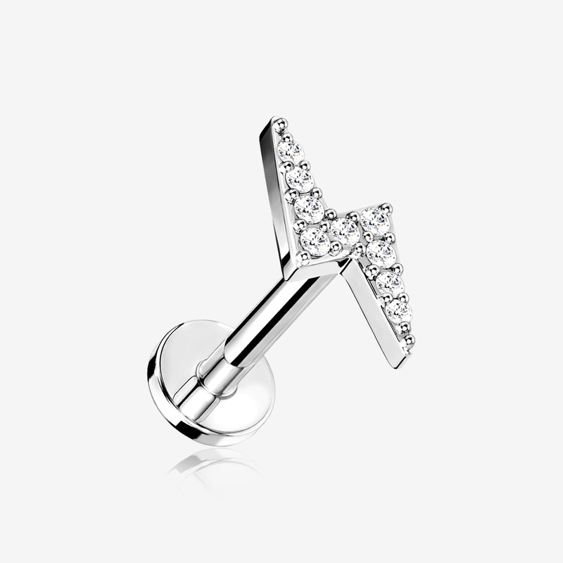 Lightning Bolt Sparkle Top Internally Threaded Steel Flat Back Stud Labret 16 GA (1.2mm), 1/4″ (6mm)
