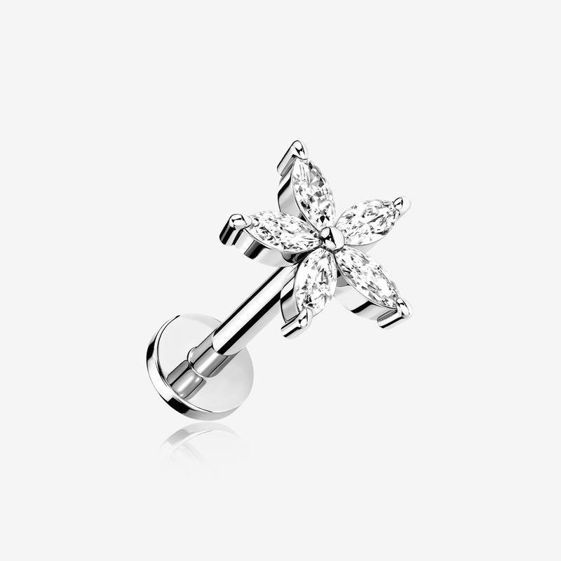 Marquise Flower Sparkle Top Internally Threaded Steel Flat Back Stud Labret 16 GA (1.2mm), 1/4″ (6mm)