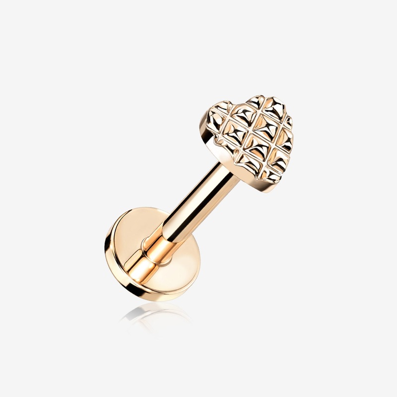 Rose Gold Adorable Heart Embossed Top Internally Threaded Steel Flat Back Stud Labret 16 GA (1.2mm), 1/4″ (6mm)