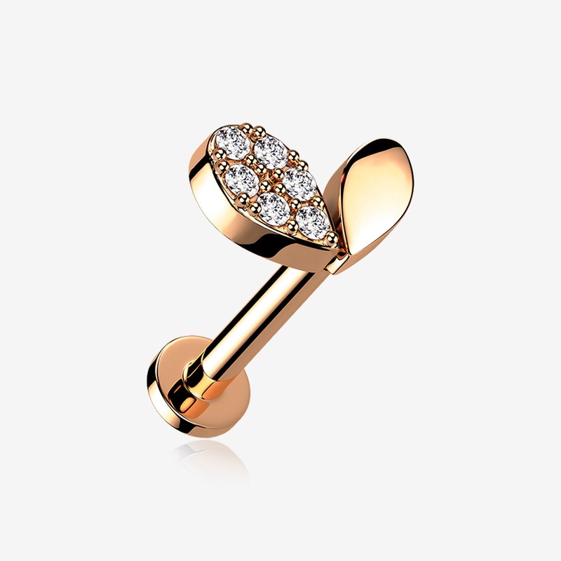 Rose Gold Adorable Heart Sprout Sparkle Internally Threaded Steel Flat Back Stud Labret 16 GA (1.2mm), 1/4″ (6mm)