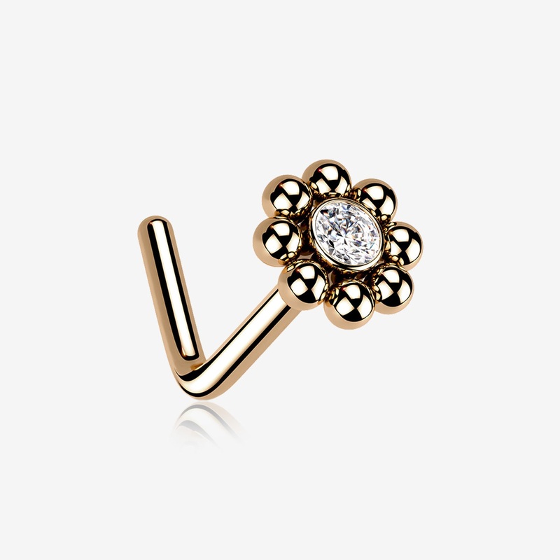 Rose Gold Bali Beads Flower Sparkle Steel L-Shaped Nose Ring