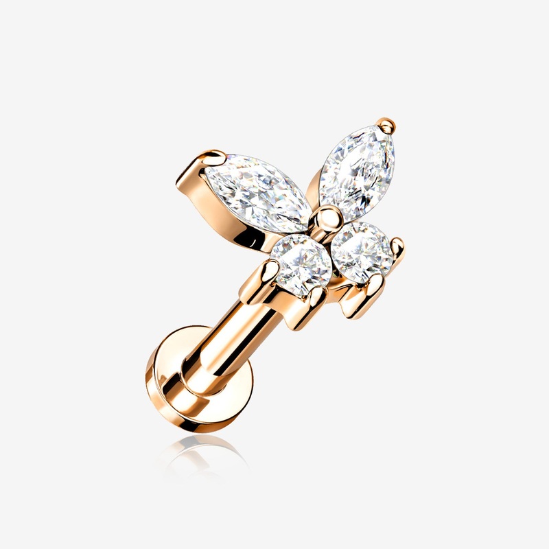 Rose Gold Butterfly Sparkle Prong Set Top Internally Threaded Steel Flat Back Stud Labret 16 GA (1.2mm), 1/4″ (6mm)