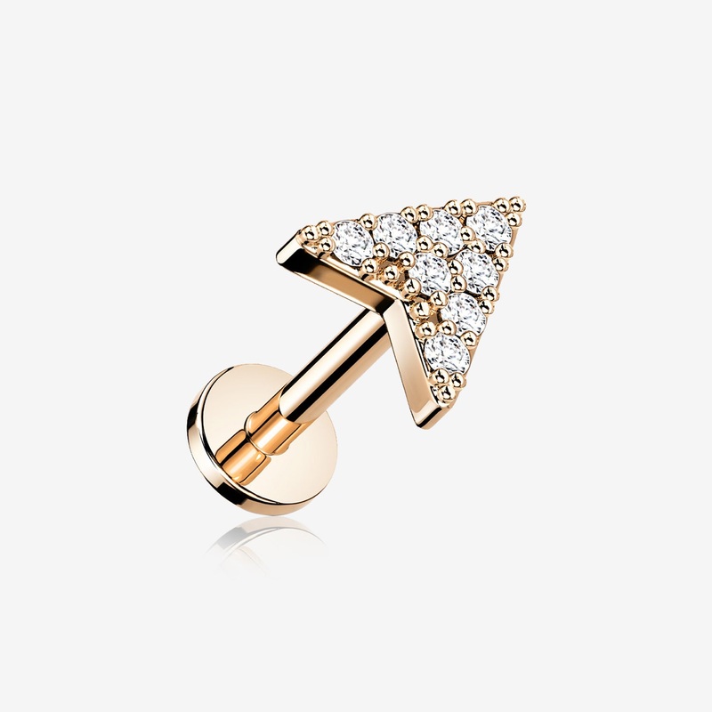 Rose Gold Chevron Arrow Sparkle Top Internally Threaded Steel Flat Back Stud Labret 16 GA (1.2mm), 1/4″ (6mm)