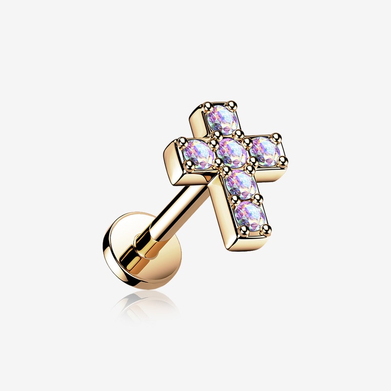 Rose Gold Grand Sparkle Cross Top Internally Threaded Steel Flat Back Stud Labret 16 GA (1.2mm), 1/4″ (6mm)