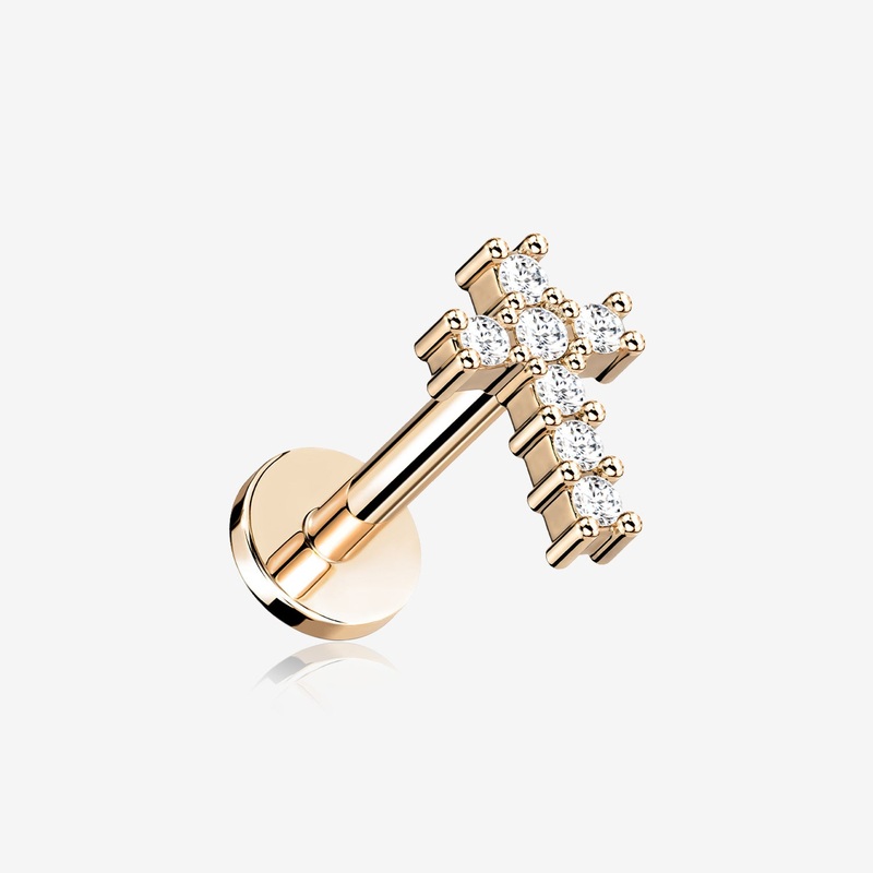 Rose Gold Holy Cross Sparkle Top Internally Threaded Steel Flat Back Stud Labret 16 GA (1.2mm), 1/4″ (6mm)