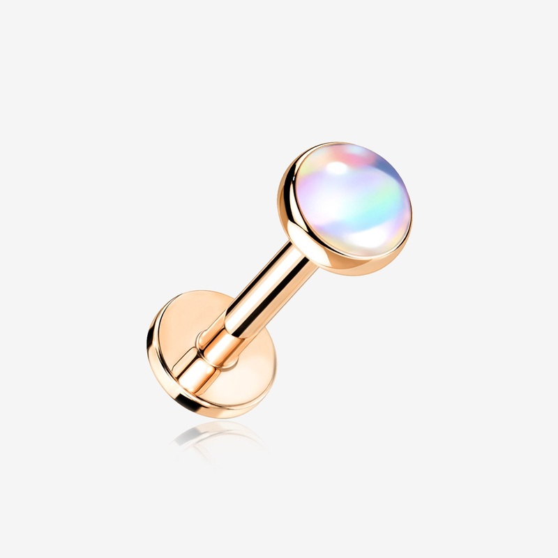 Rose Gold Iridescent Revo Sparkle Top Internally Threaded Steel Flat Back Stud Labret 16 GA (1.2mm), 1/4″ (6mm), Top: 4mm