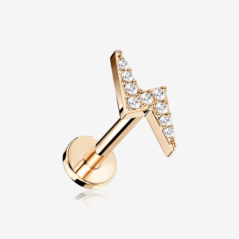Rose Gold Lightning Bolt Sparkle Top Internally Threaded Steel Flat Back Stud Labret 16 GA (1.2mm), 1/4″ (6mm)