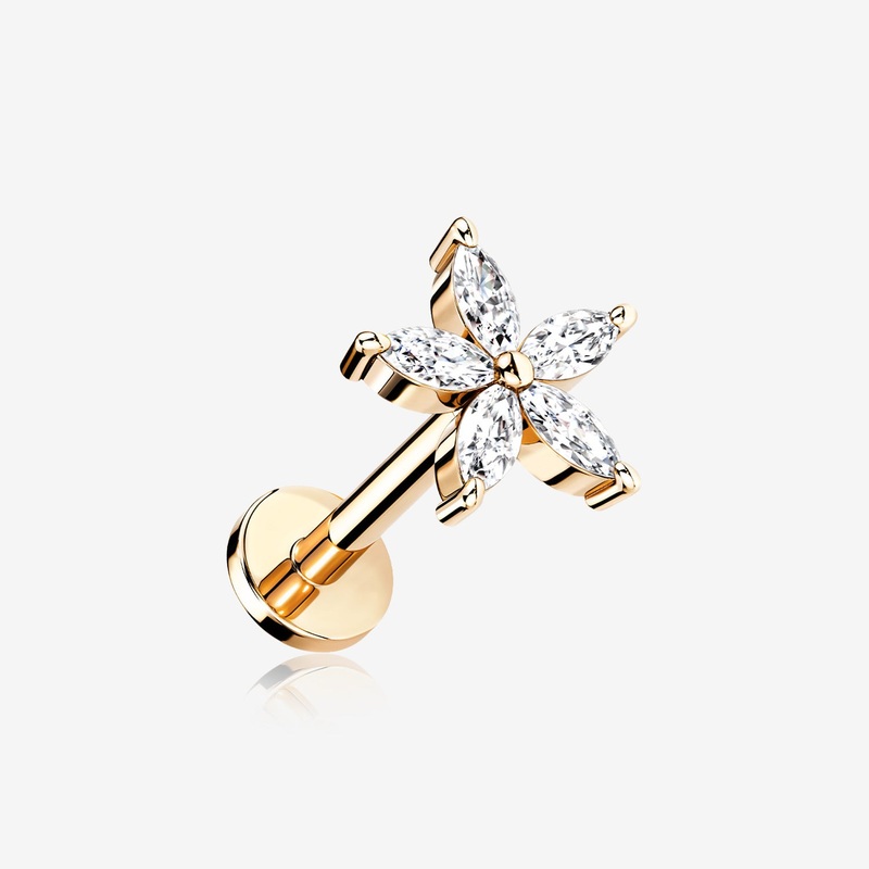 Rose Gold Marquise Flower Sparkle Top Internally Threaded Steel Flat Back Stud Labret 16 GA (1.2mm), 1/4″ (6mm)