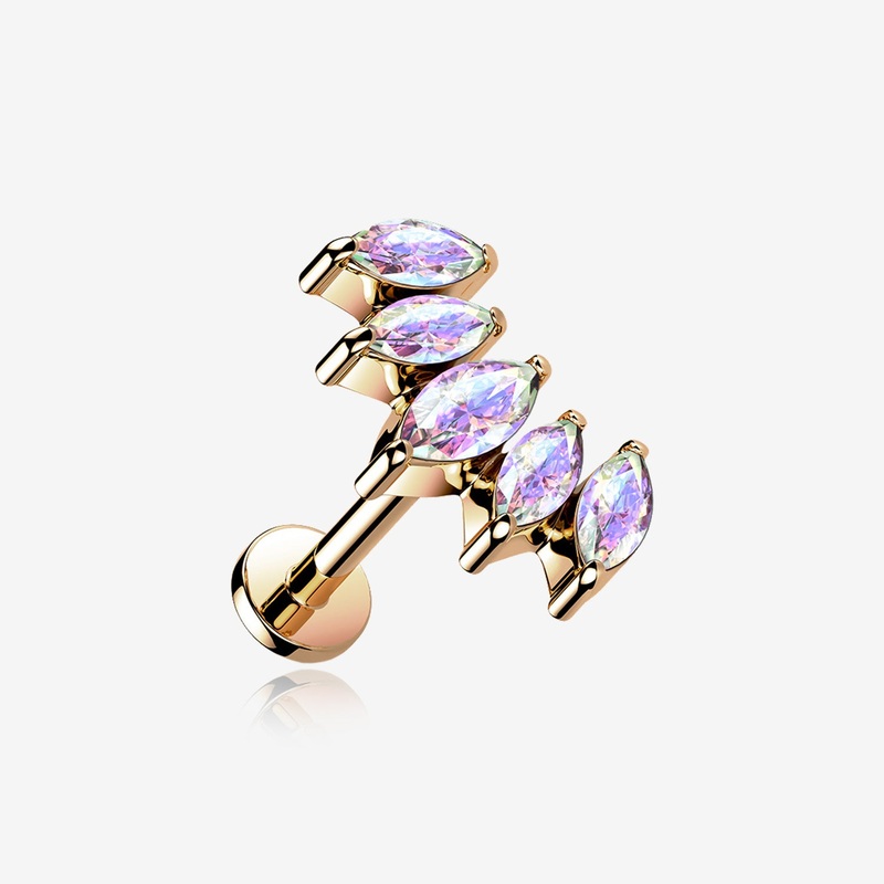 Rose Gold Marquise Sparkle Curve Top Internally Threaded Steel Flat Back Stud Labret 16 GA (1.2mm), 1/4″ (6mm)