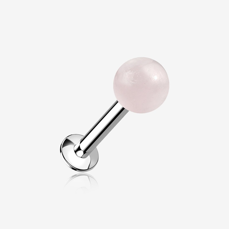Rose Quartz Stone Ball Top Steel Flat Back Stud Labret 16 GA (1.2mm), 1/4″ (6mm), Ball: 4mm