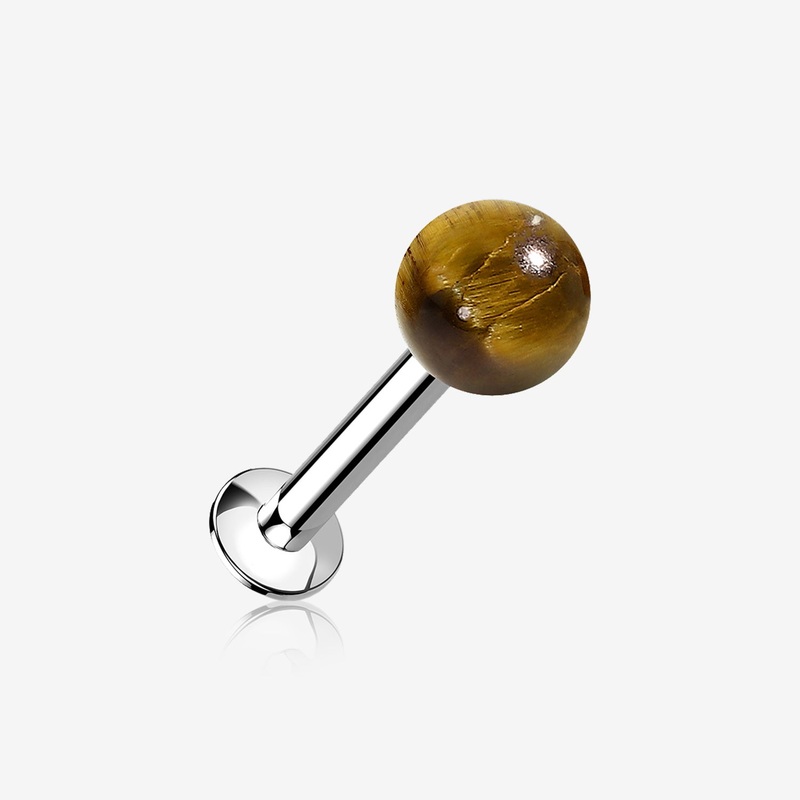 Tiger Eye Stone Ball Top Steel Flat Back Stud Labret 16 GA (1.2mm), 1/4″ (6mm), Ball: 4mm